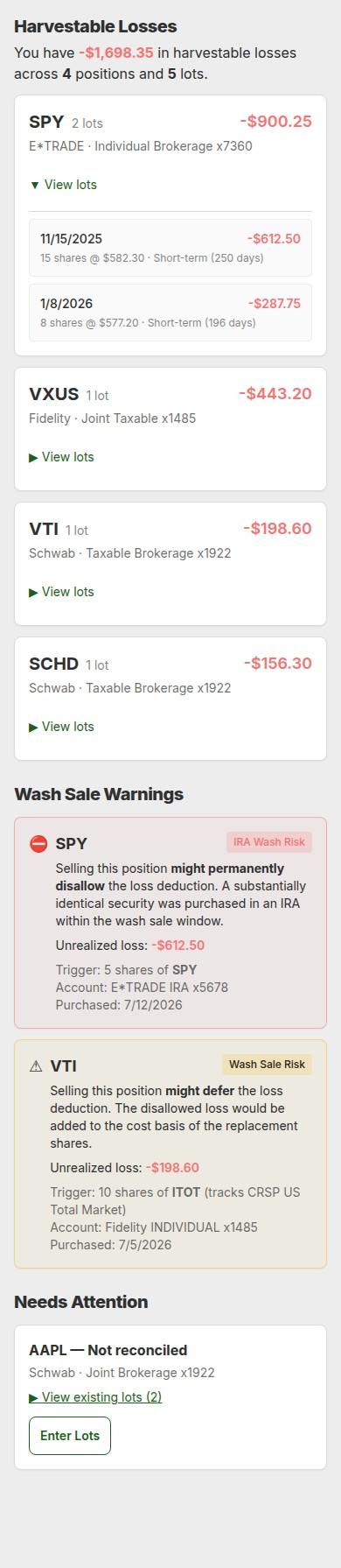 Harvest IY dashboard rendered on a mobile phone, showing a tappable action button