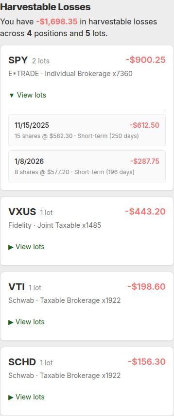 Harvestable Losses section on mobile, one column, with a single expanded group showing per-lot detail