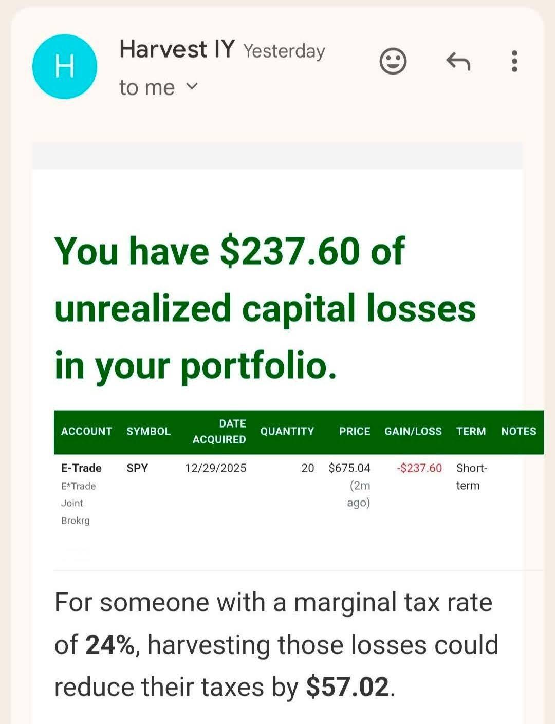 Harvest IY email alert showing $237.60 of unrealized capital losses on SPY