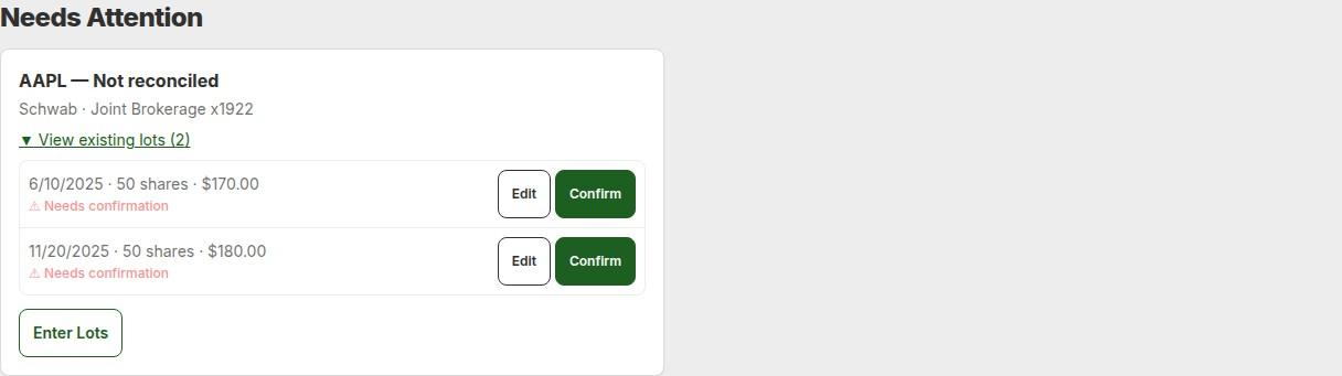 Needs Attention section on desktop, showing a lot-mismatch card with Edit and Confirm buttons