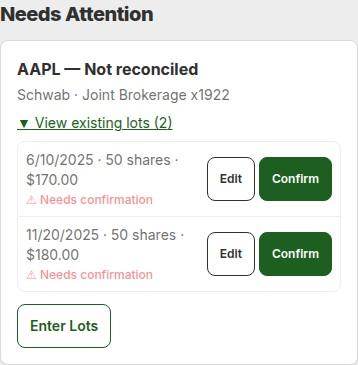 Needs Attention section on mobile, showing a lot-mismatch card with Edit and Confirm buttons