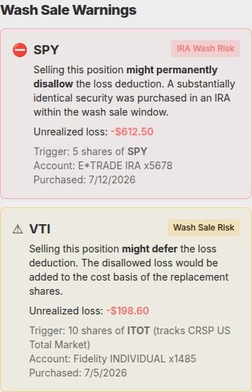 Wash Sale Warnings section on mobile, showing a tax-advantaged-risk card and a regular-risk card